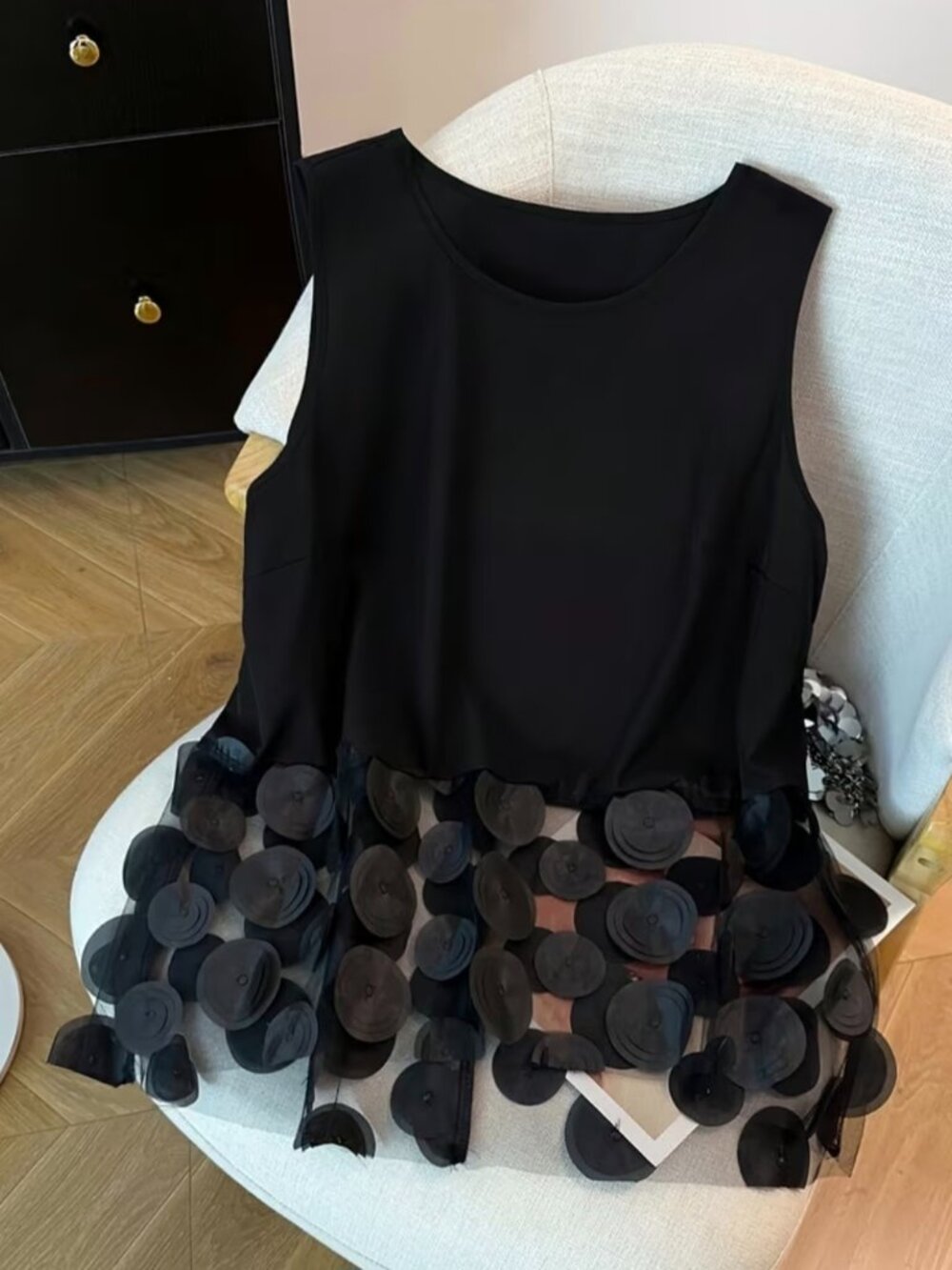 Sleeveless Round Neck Loose Patchwork Mesh T-Shirt Top